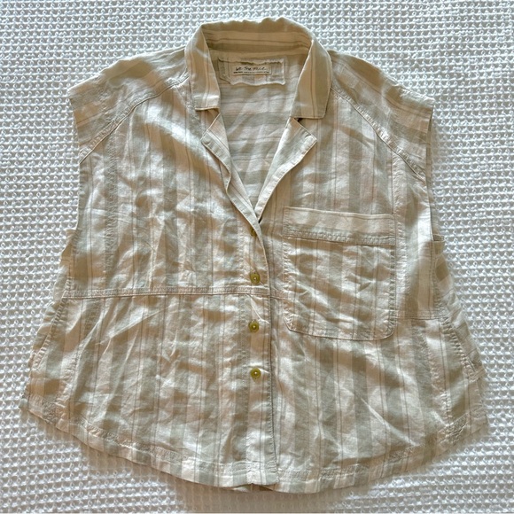 We The Free Womens Play It Cool Button Up Shirt Beige Stripe Cap Sleeve Size XS - Picture 3 of 10